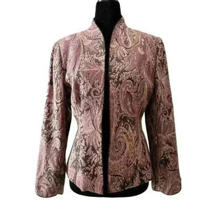 Vintage Tradition Jacquard Blazer Open Front Burgundy Maroon Gold  Size 8 Petite